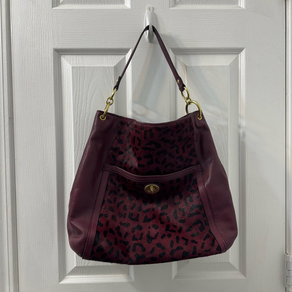Coach Burgundy Haircalf Leather Turnlock Pocket Hobo Shoulder Bag - Picture 2 of 14